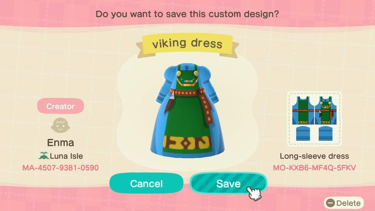 Animal Crossing Design Code: MO-KXB6-MF4Q-5FKV Viking dress