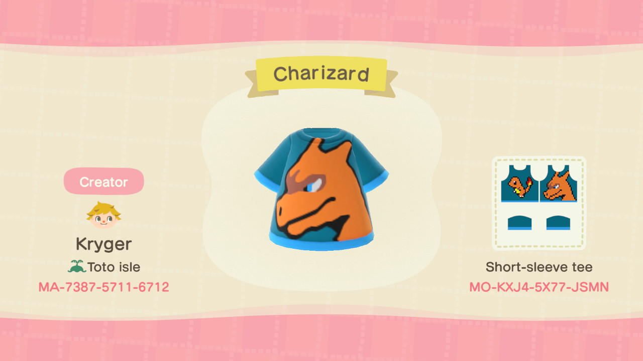 Animal Crossing Design Code: MO-KXJ4-5X77-JSMN Charizard Shirt
