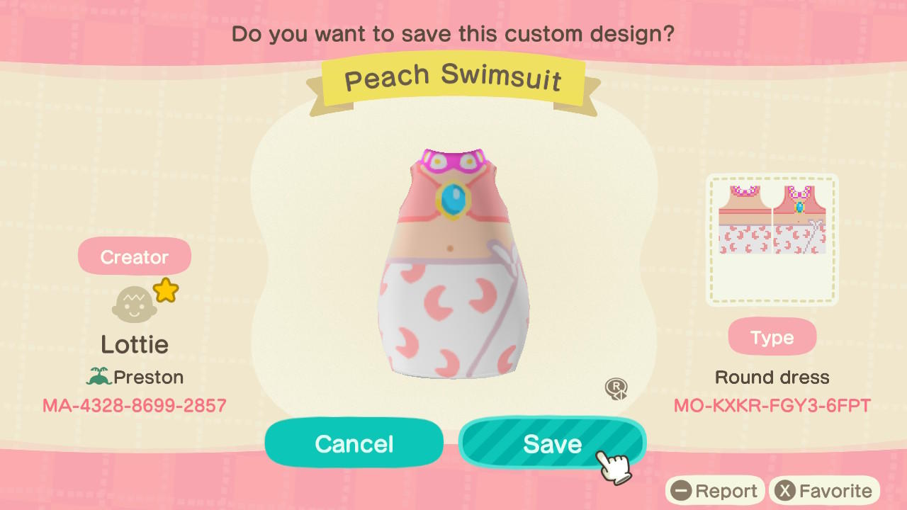 Animal Crossing Design Code: MO-KXKR-FGY3-6FPT Peach Swimsuit