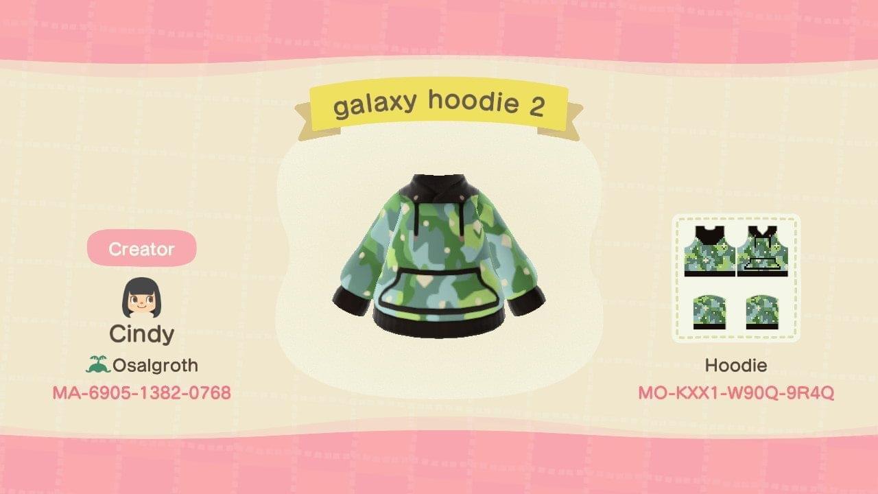 Animal Crossing Design Code: MO-KXX1-W90Q-9R4Q galaxy hoodie green