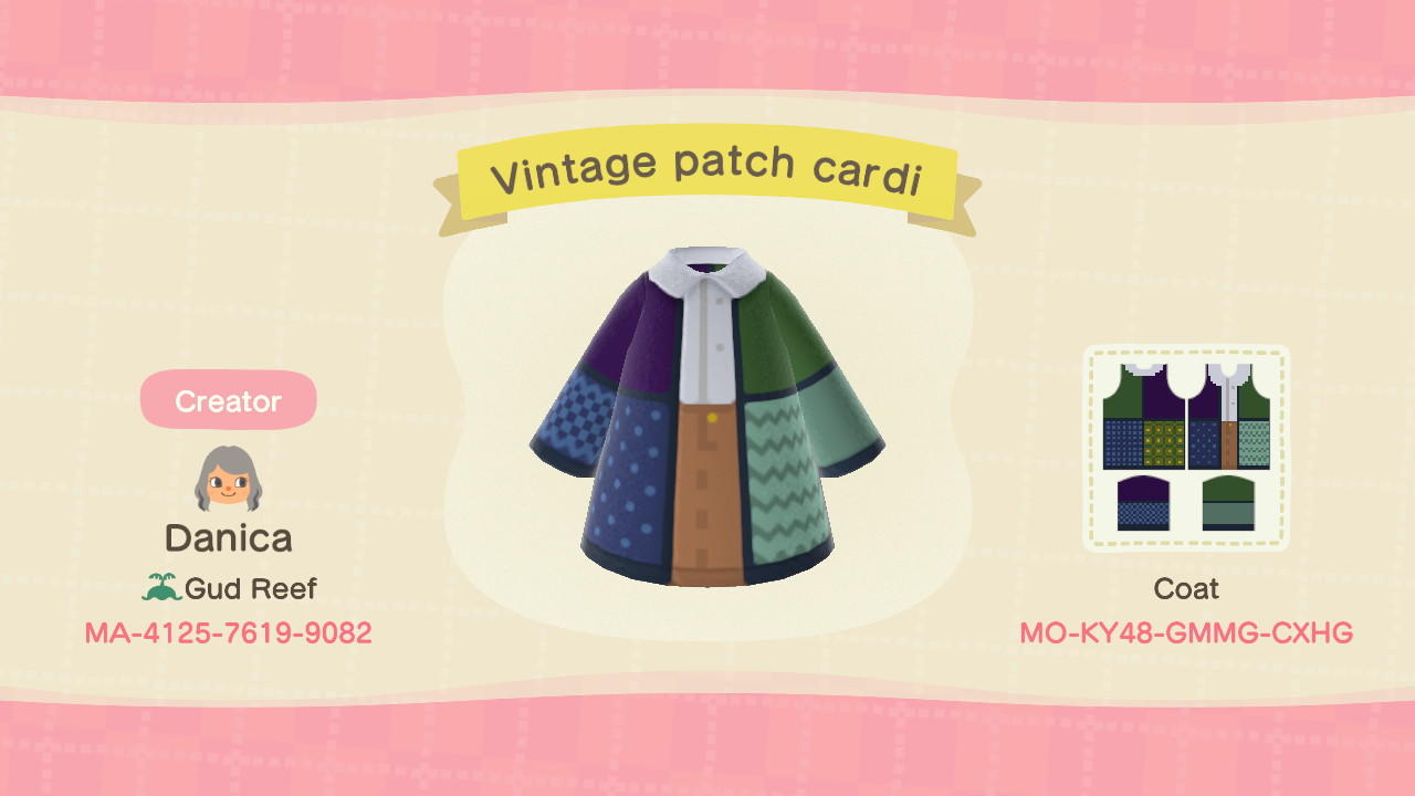 Animal Crossing Design Code: MO-KY48-GMMG-CXHG Vintage patch cardi