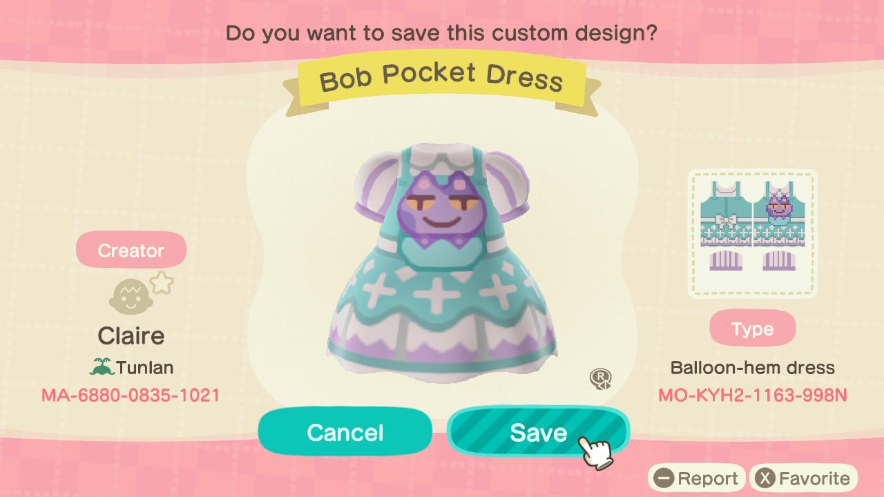 Animal Crossing Design Code: MO-KYH2-1163-998N Bob Pocket Dress