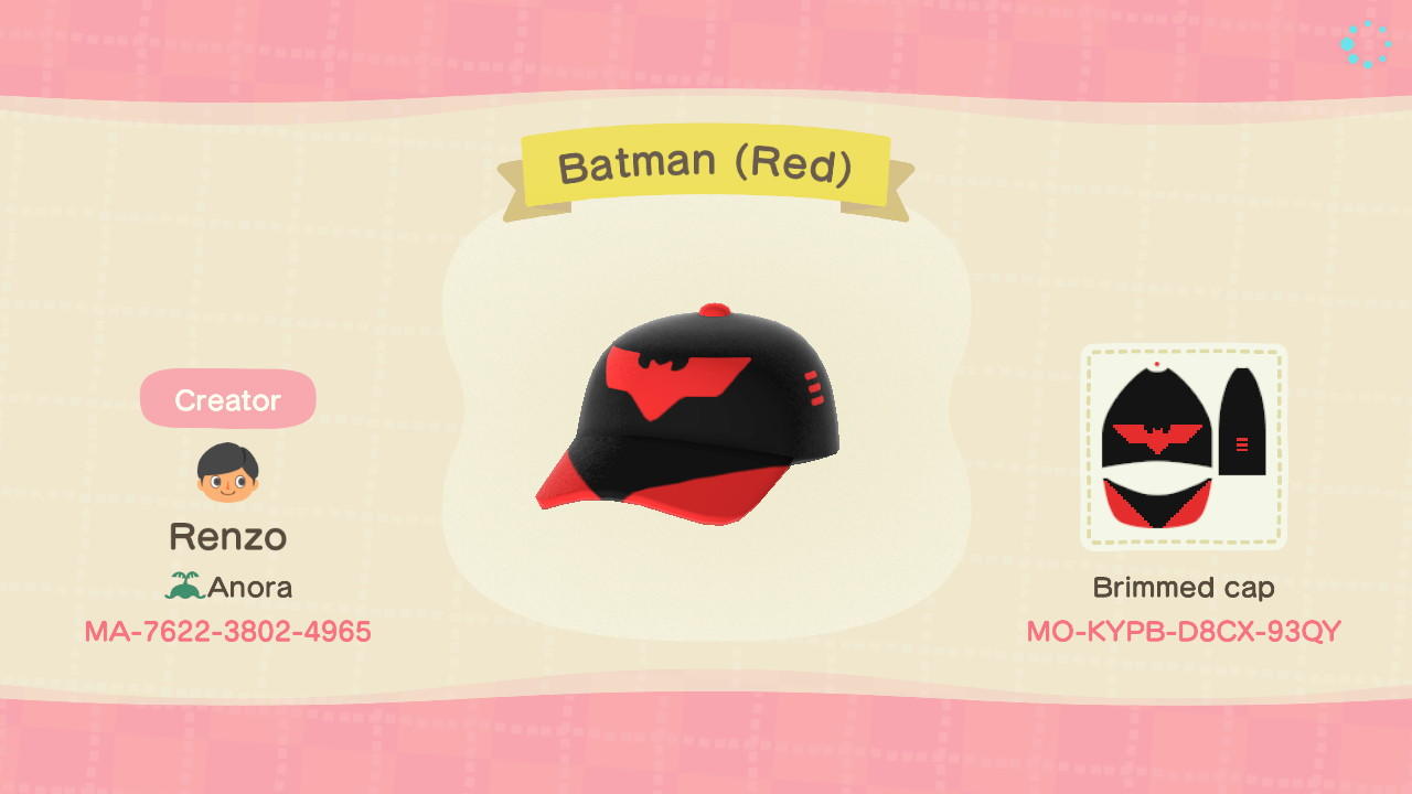 Animal Crossing Design Code: MO-KYPB-D8CX-93QY Batman (Red)