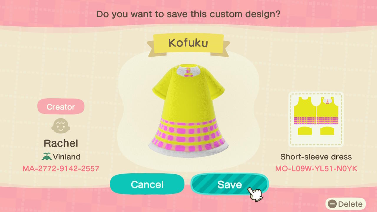 Animal Crossing Design Code: MO-L09W-YL51-N0YK Kofuku