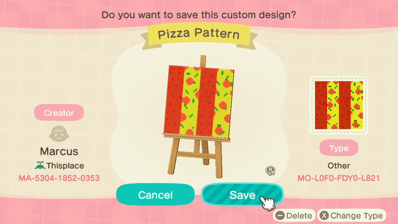 Animal Crossing Design Code: MO-L0F0-FDY0-L821 Pizza Pattern