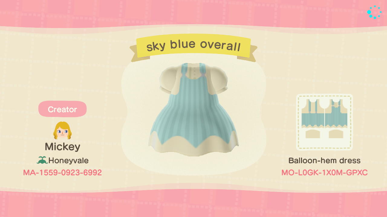 Animal Crossing Design Code: MO-L0GK-1X0M-GPXC sky blue overall
