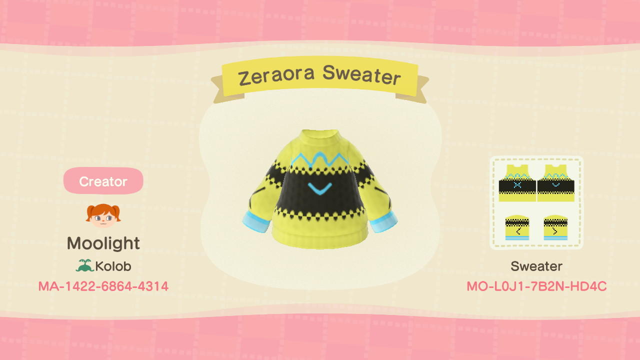 Animal Crossing Design Code: MO-L0J1-7B2N-HD4C Zeraora Sweater