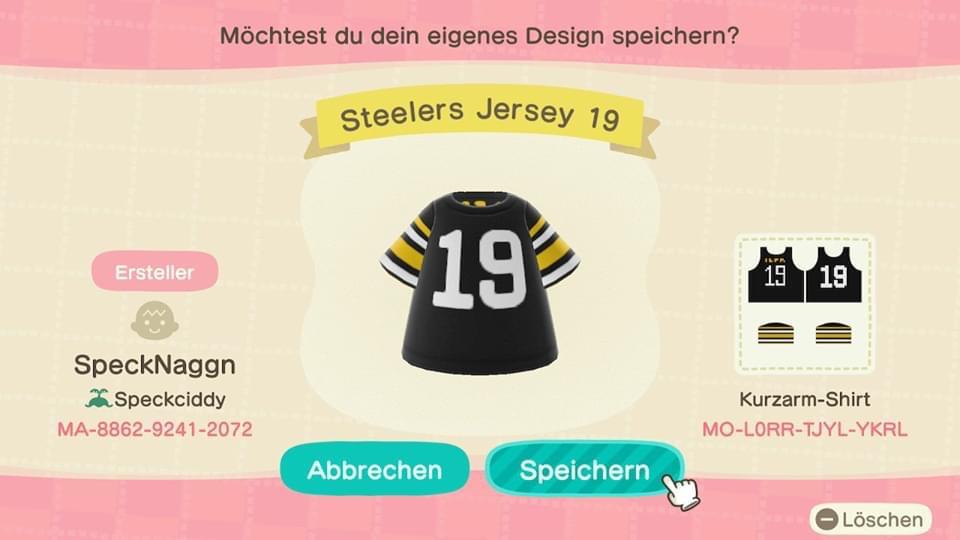 Animal Crossing Design Code: MO-L0RR-TJYL-YKRL Steelers Jersey 19