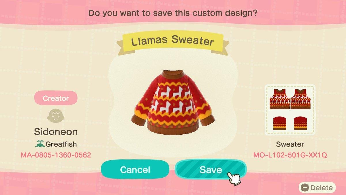 Animal Crossing Design Code: MO-L102-501G-XX1Q Llamas Sweater