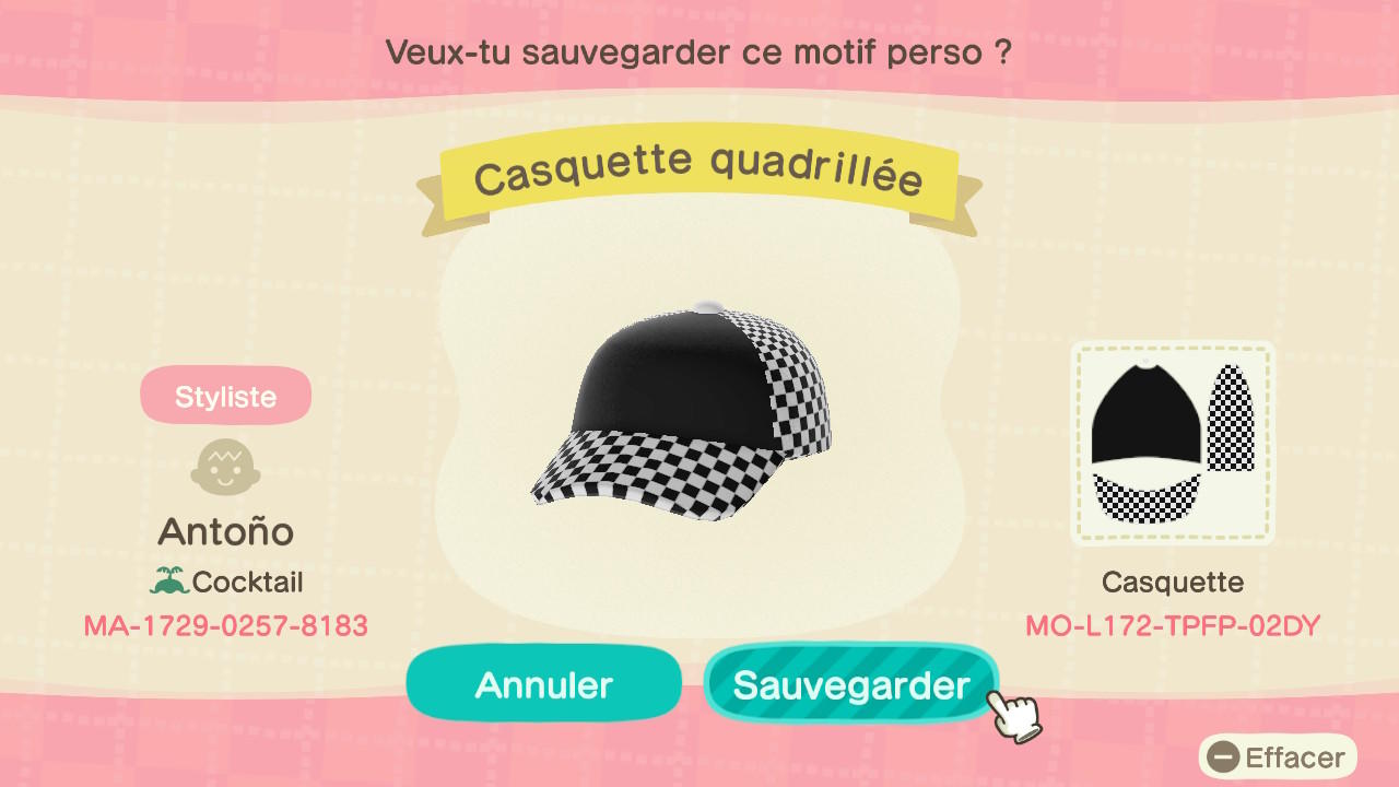 Animal Crossing Design Code: MO-L172-TPFP-02DY checkered cap