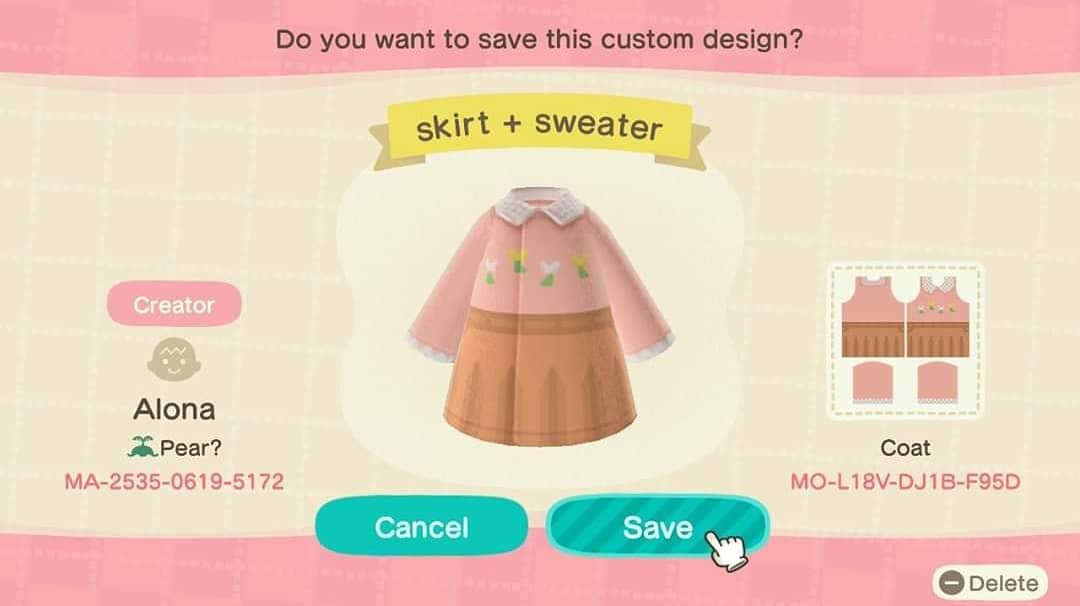 Animal Crossing Design Code: MO-L18V-DJ1B-F95D skirt + sweater