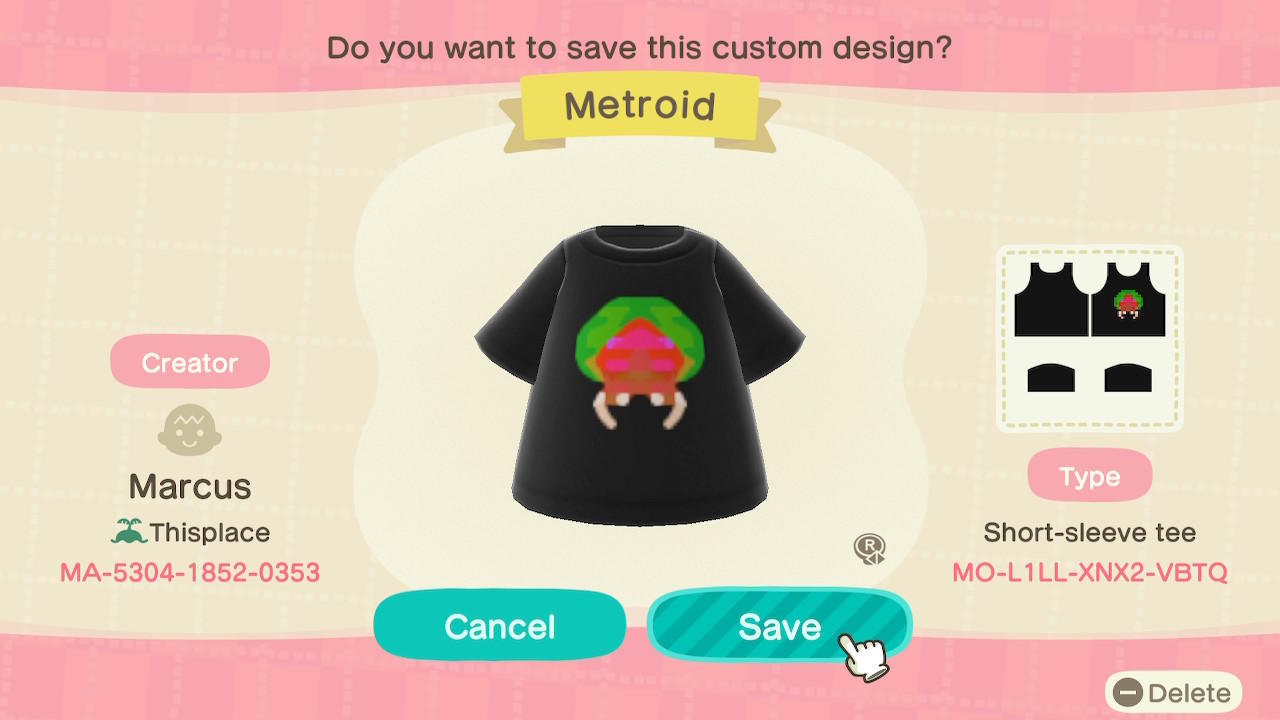 Animal Crossing Design Code: MO-L1LL-XNX2-VBTQ Metroid