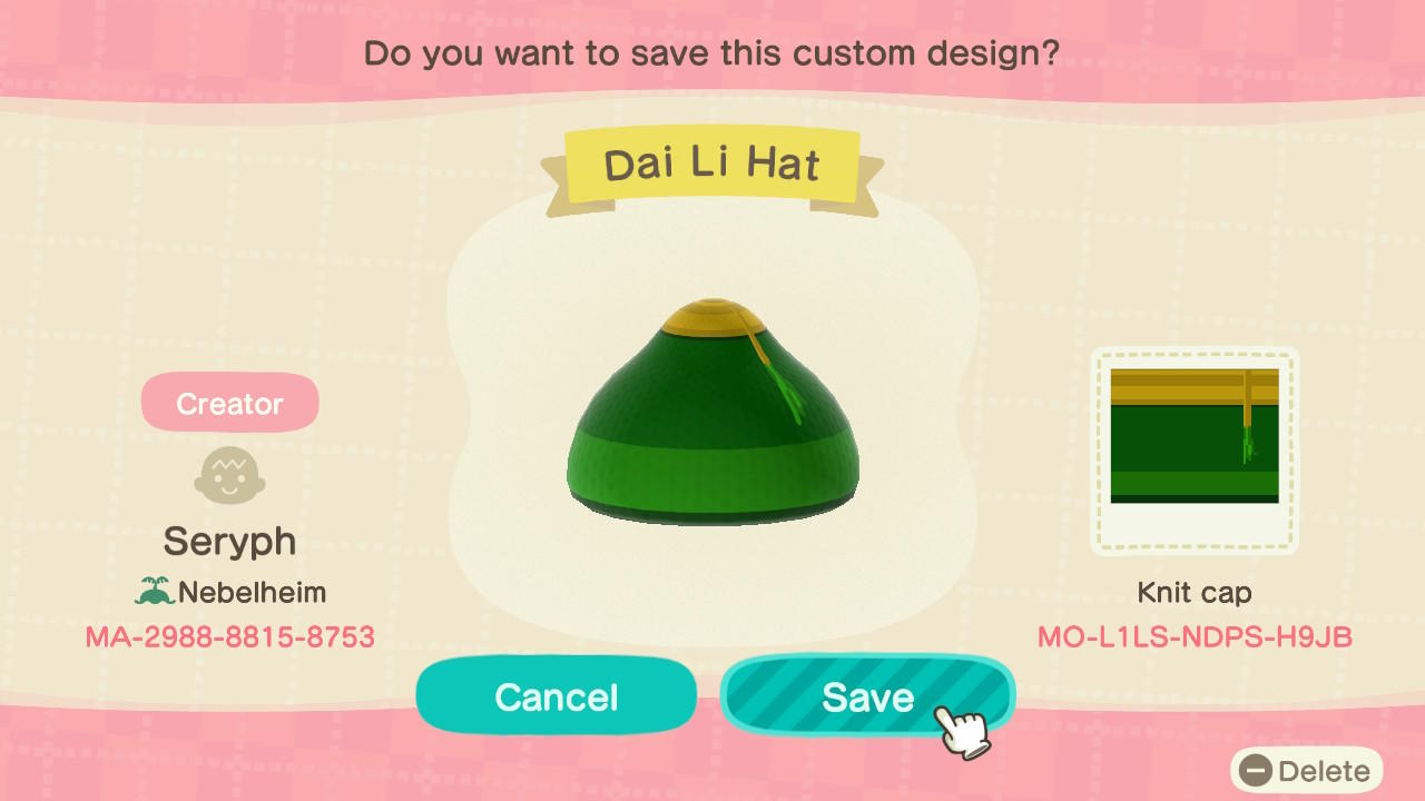 Animal Crossing Design Code: MO-L1LS-NDPS-H9JB Dai Li Hat