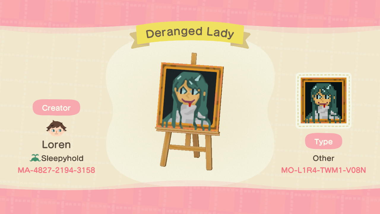 Animal Crossing Design Code: MO-L1R4-TWM1-V08N Deranged Lady - Ib