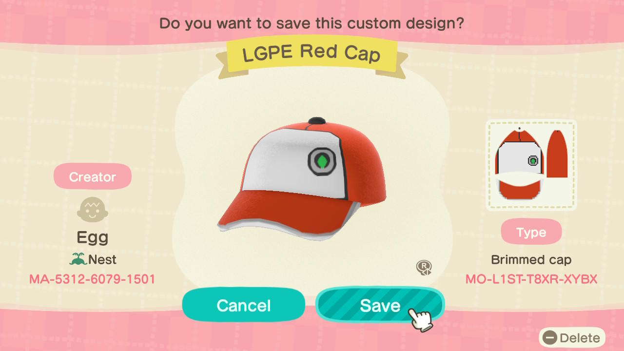 Animal Crossing Design Code: MO-L1ST-T8XR-XYBX LGPE Red Cap
