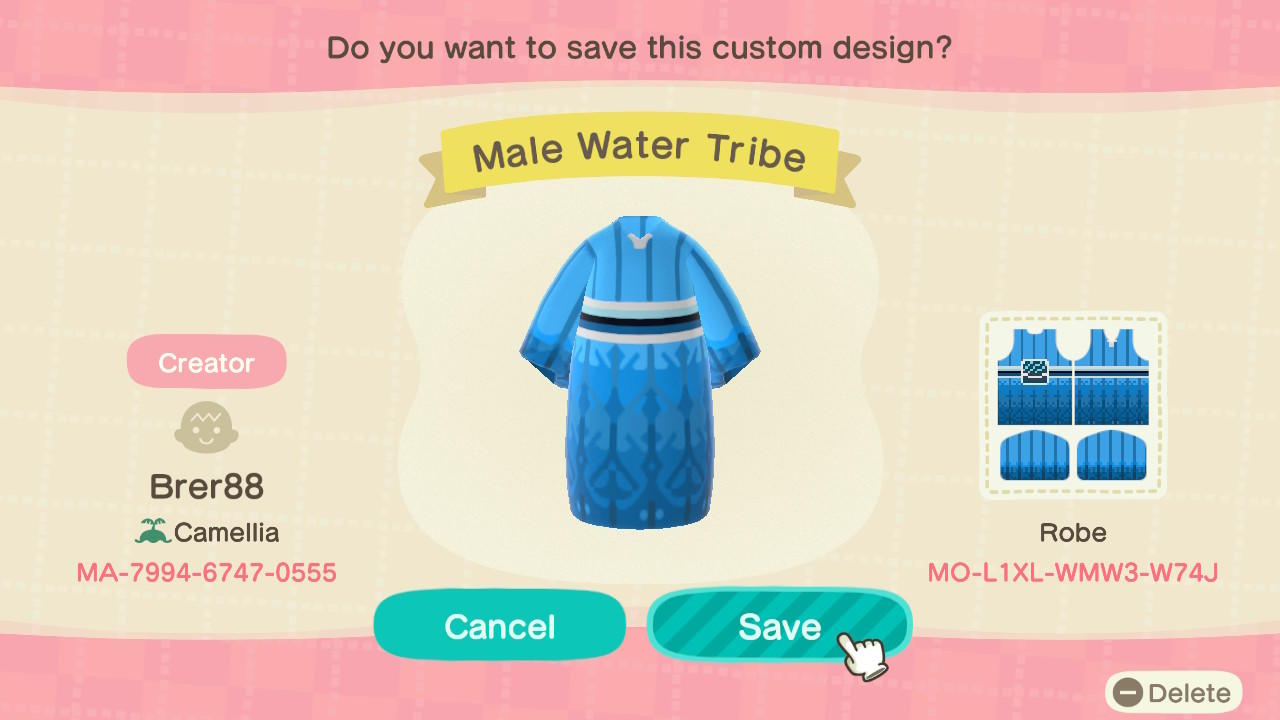 Animal Crossing Design Code: MO-L1XL-WMW3-W74J Male Water Tribe