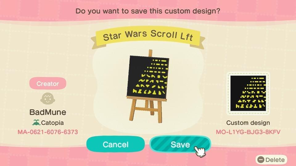 Animal Crossing Design Code: MO-L1YG-BJG3-8KFV Star Wars Scroll Lft