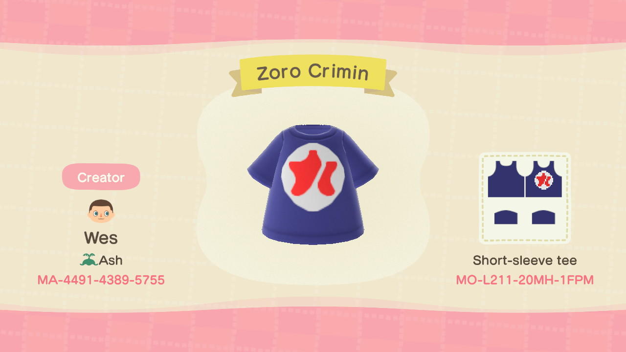 Animal Crossing Design Code: MO-L211-20MH-1FPM Zoro Crimin Tee