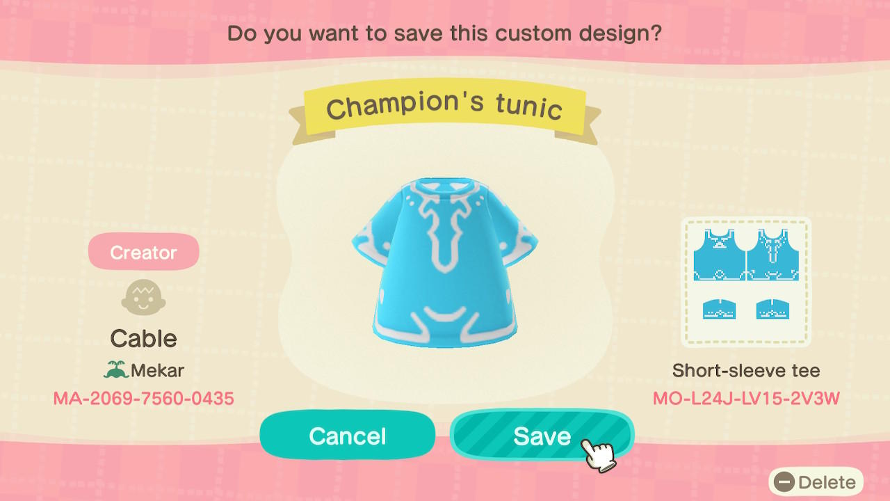 Animal Crossing Design Code: MO-L24J-LV15-2V3W Champion&#39;s tunic