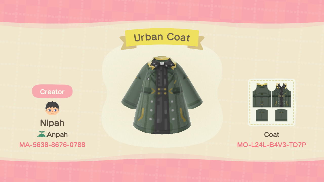 Animal Crossing Design Code: MO-L24L-B4V3-TD7P Urban Coat