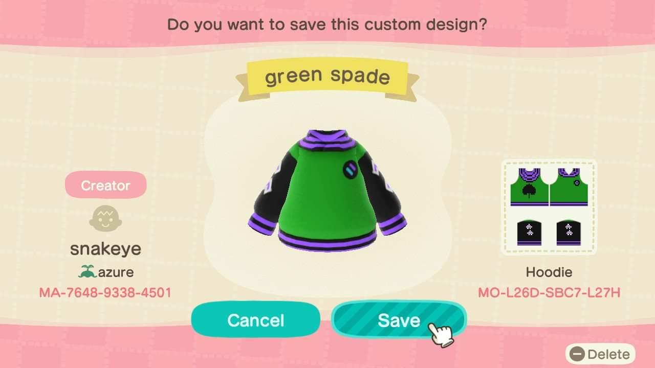 Animal Crossing Design Code: MO-L26D-SBC7-L27H Green spade