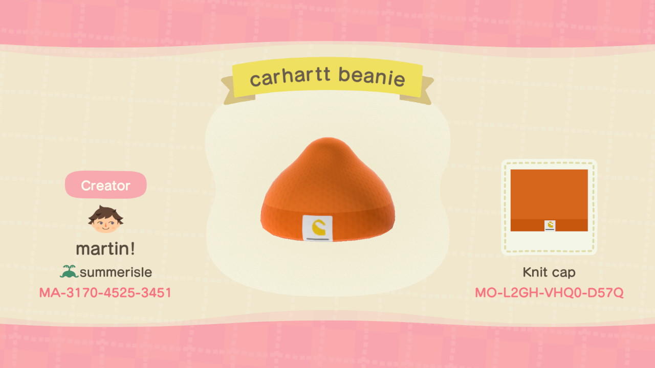 Animal Crossing Design Code: MO-L2GH-VHQ0-D57Q Carhartt Beanie