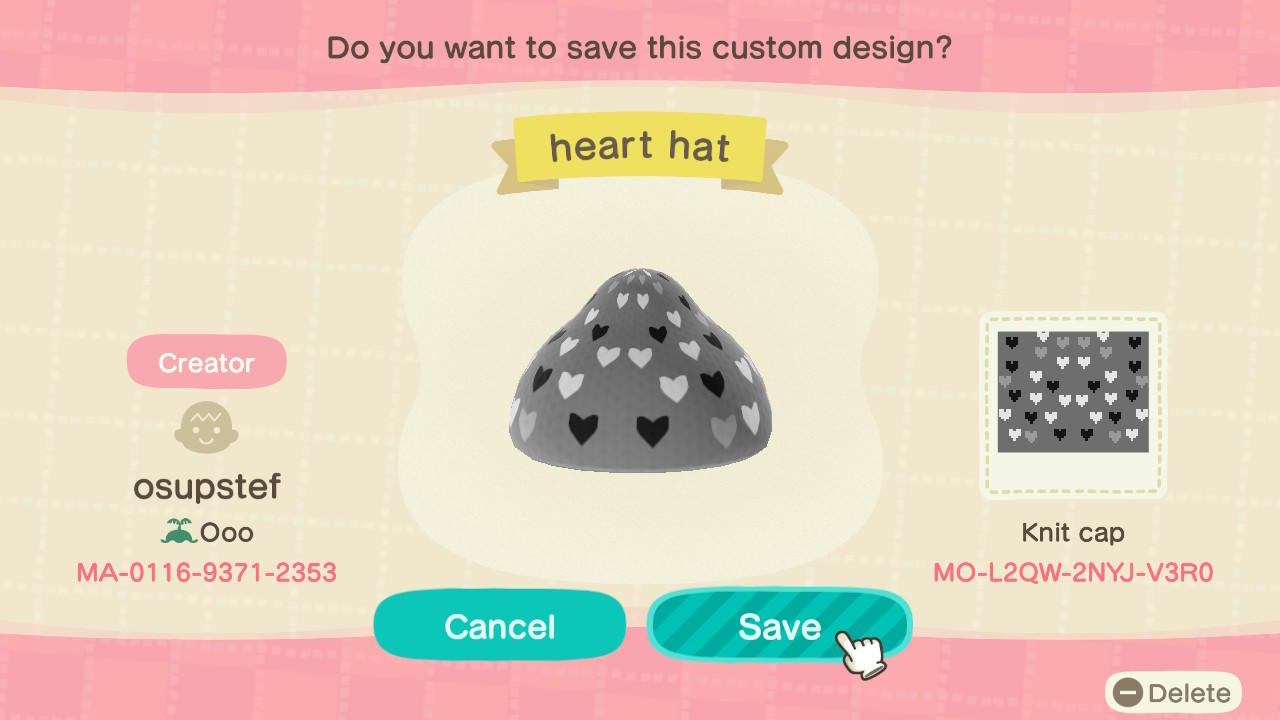 Animal Crossing Design Code: MO-L2QW-2NYJ-V3R0 Heart Print Hat