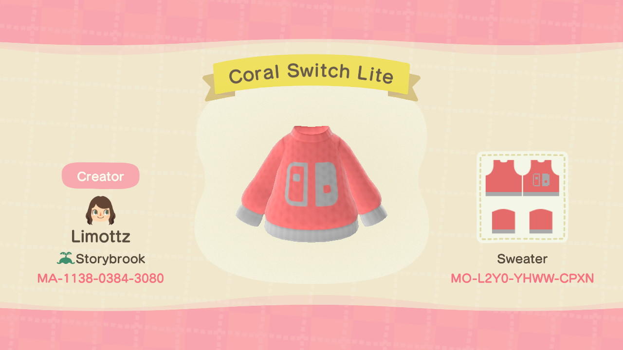 Animal Crossing Design Code: MO-L2Y0-YHWW-CPXN Coral Switch Lite Sw