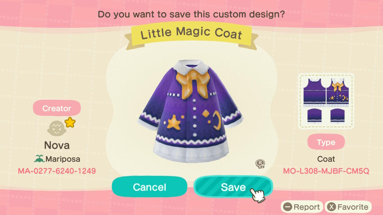 Animal Crossing Design Code: MO-L308-MJBF-CM5Q Little Magic Coat