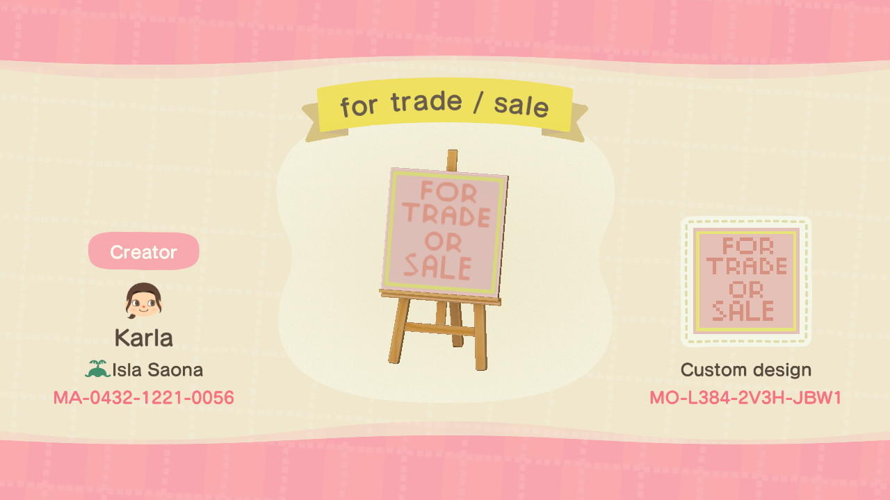 Animal Crossing Design Code: MO-L384-2V3H-JBW1 Trade / sale sign