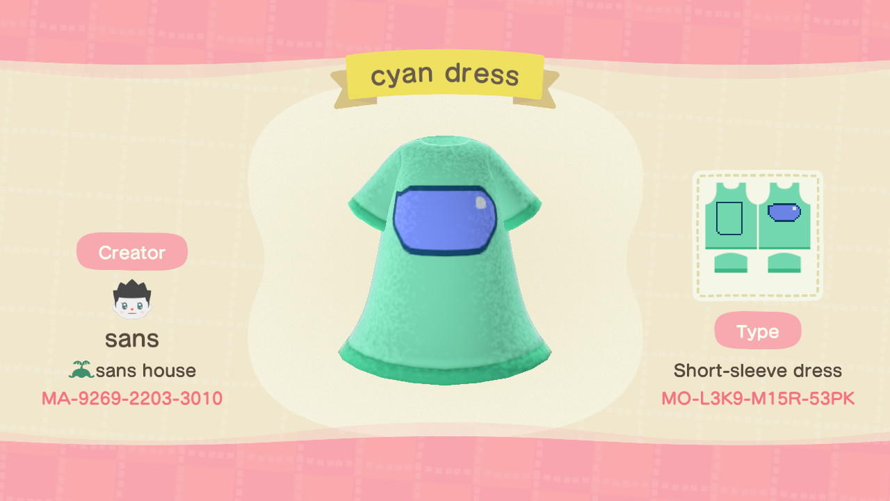Animal Crossing Design Code: MO-L3K9-M15R-53PK Cyan dress