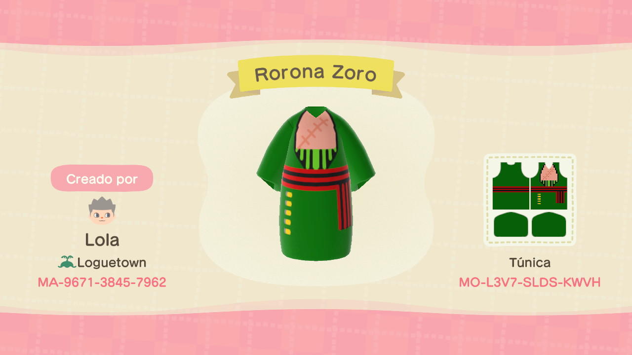 Animal Crossing Design Code: MO-L3V7-SLDS-KWVH Zoro One Piece