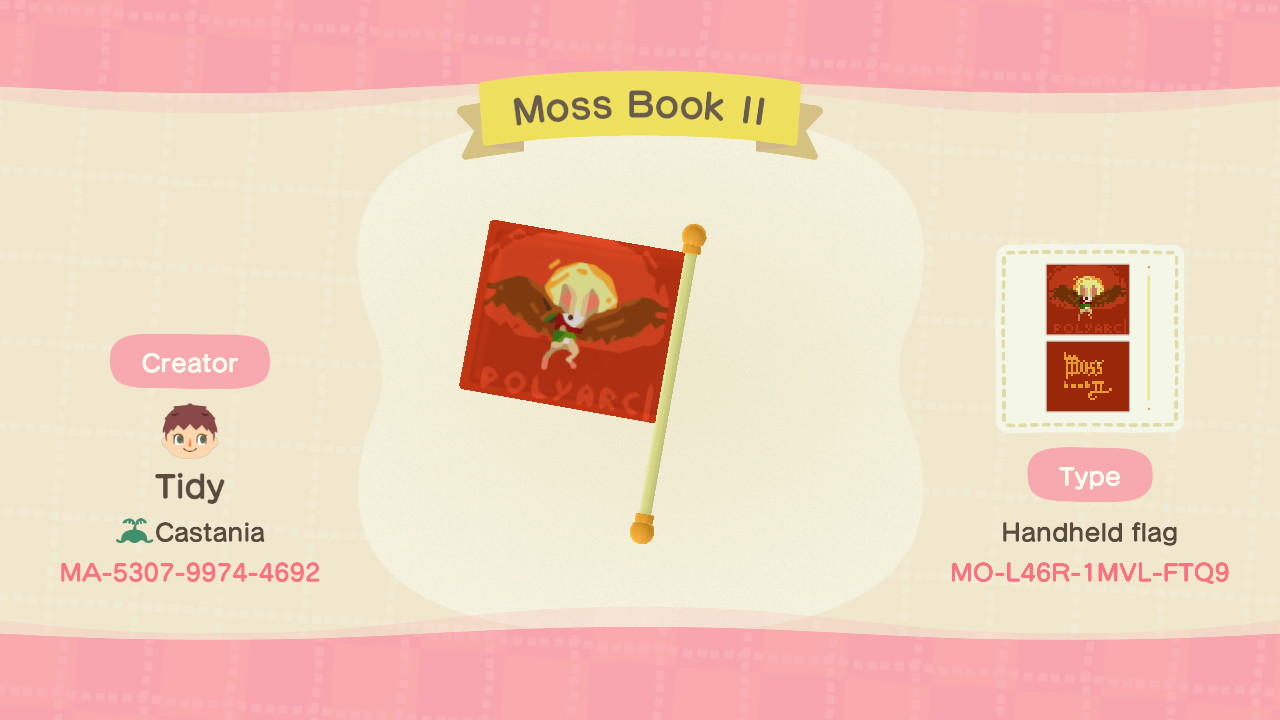 Animal Crossing Design Code: MO-L46R-1MVL-FTQ9 Moss Book II Flag