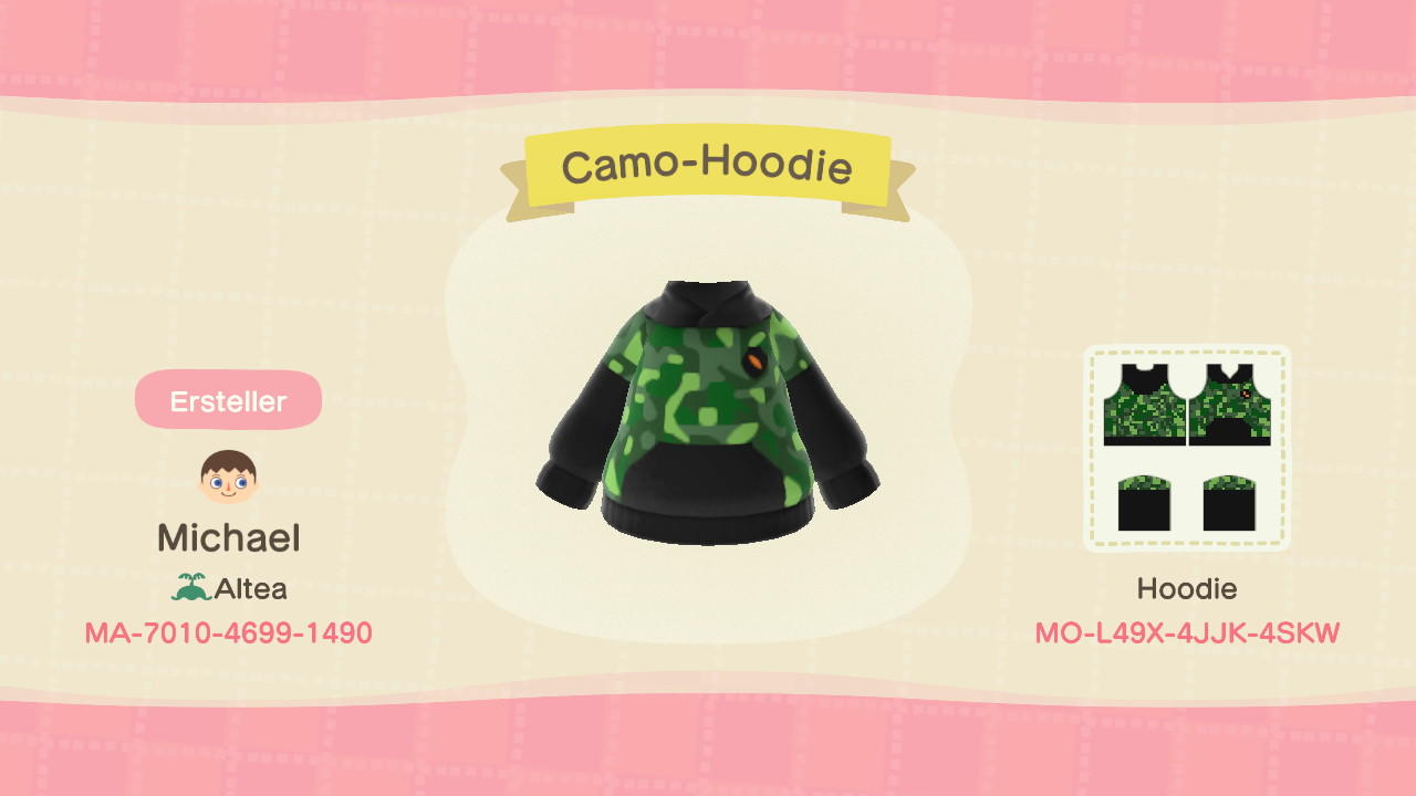 Animal Crossing Design Code: MO-L49X-4JJK-4SKW Camo-Hoodie