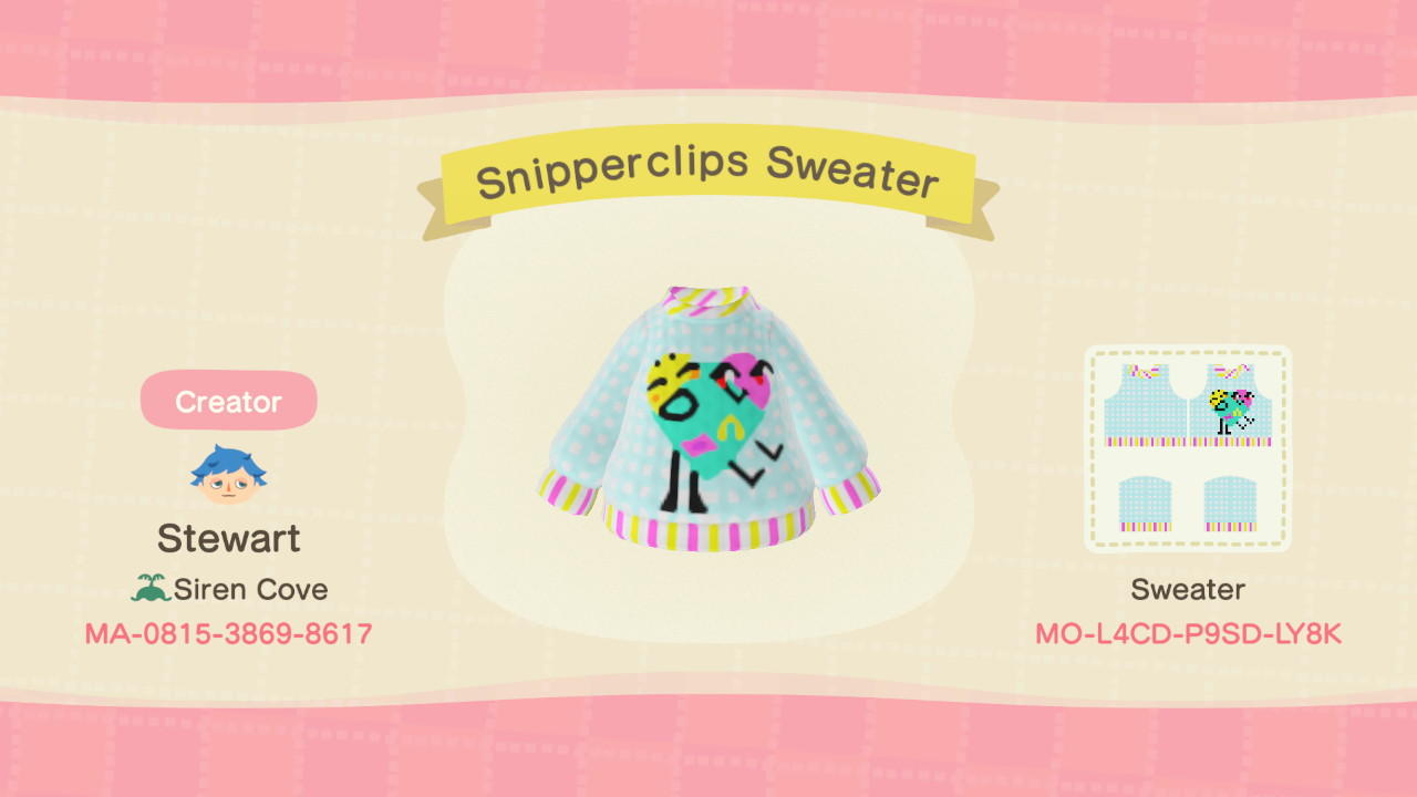 Animal Crossing Design Code: MO-L4CD-P9SD-LY8K Snipperclips Sweater