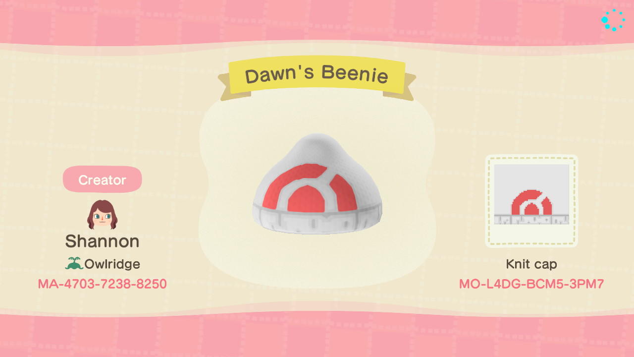 Animal Crossing Design Code: MO-L4DG-BCM5-3PM7 Dawn’s Beanie