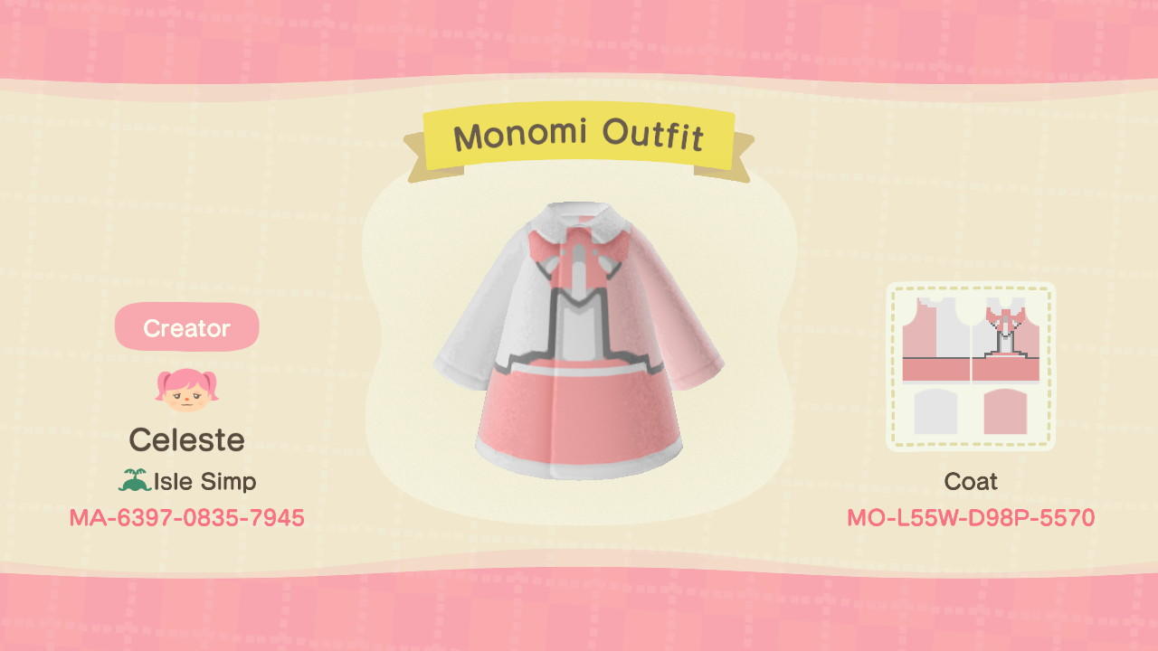 Animal Crossing Design Code: MO-L55W-D98P-5570 Monomi Outfit