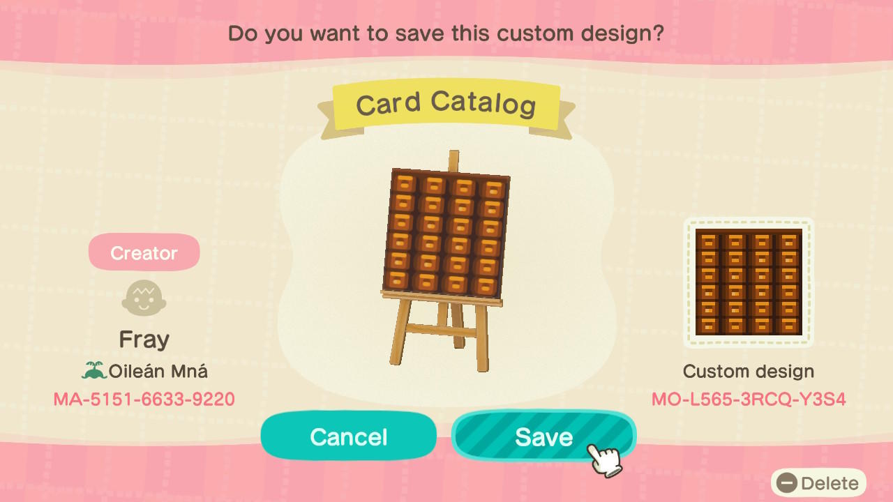 Animal Crossing Design Code: MO-L565-3RCQ-Y3S4 Card Catalog
