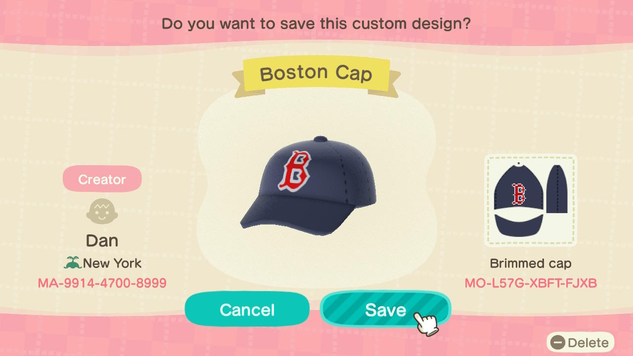 Animal Crossing Design Code: MO-L57G-XBFT-FJXB Boston Cap