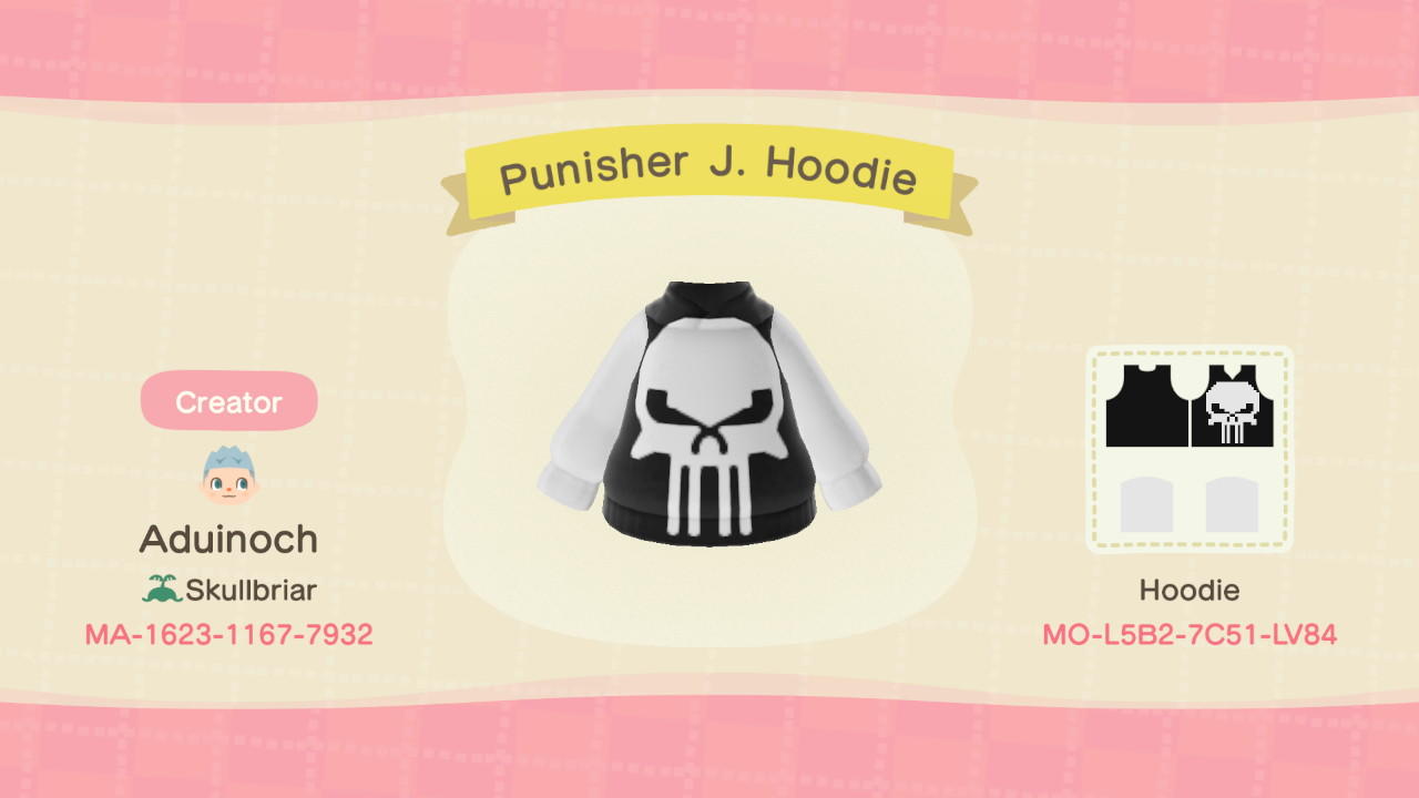 Animal Crossing Design Code: MO-L5B2-7C51-LV84 Punisher J. Hoodie