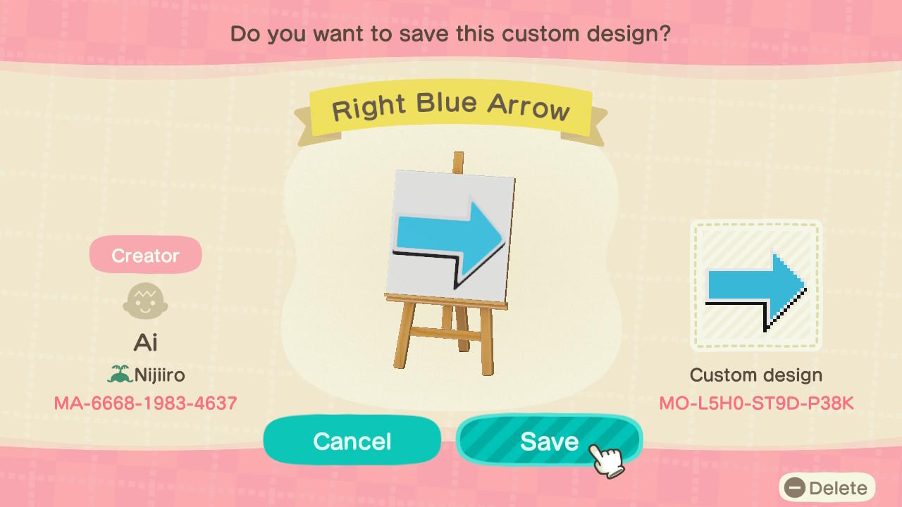 Animal Crossing Design Code: MO-L5H0-ST9D-P38K Right Blue Arrow
