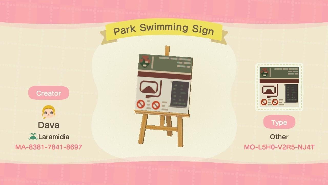 Animal Crossing Design Code: MO-L5H0-V2R5-NJ4T Park Swimming Sign
