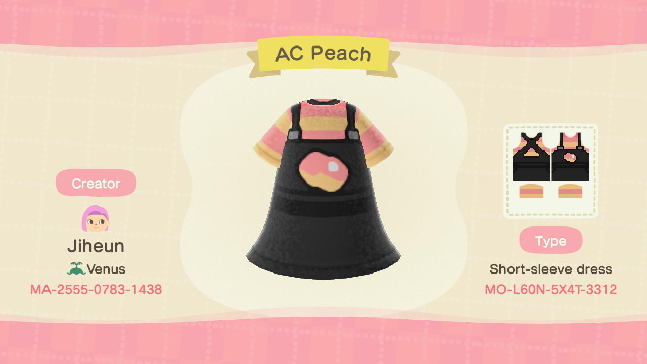Animal Crossing Design Code: MO-L60N-5X4T-3312 AC Peach Overalls