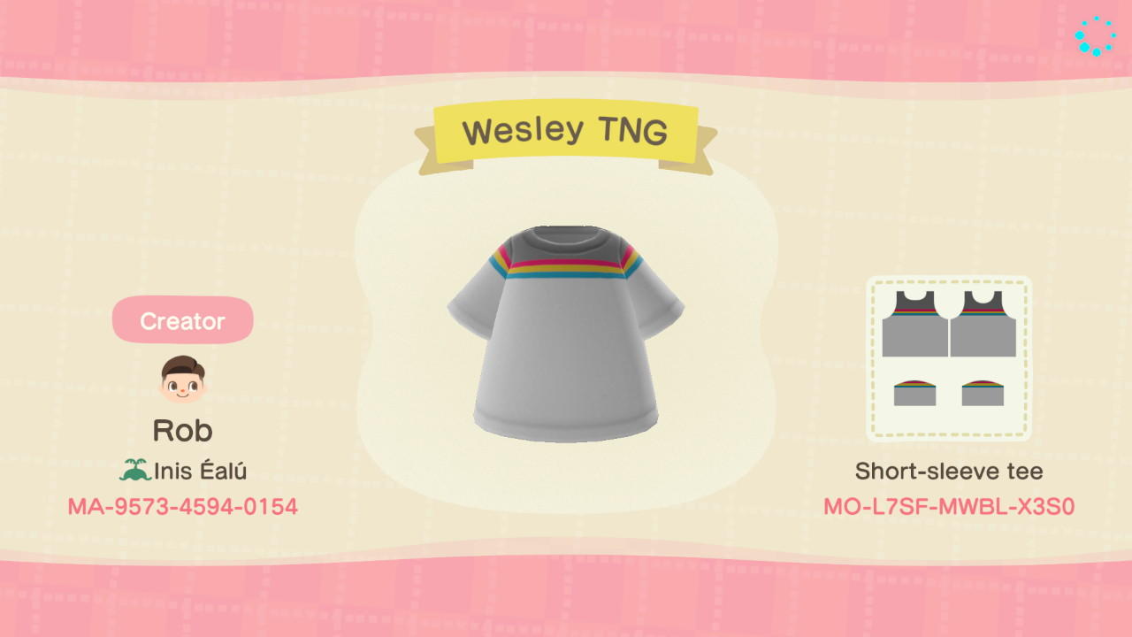 Animal Crossing Design Code: MO-L7SF-MWBL-X3SO Wesley TNG (Tee)