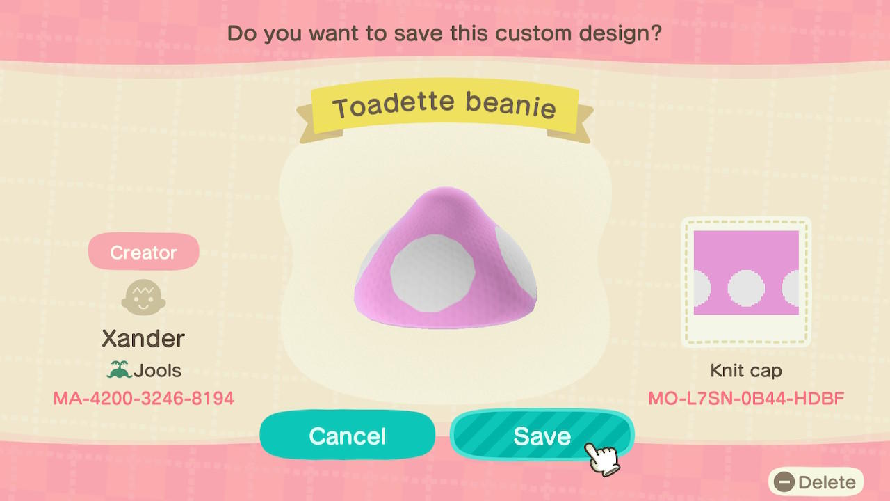 Animal Crossing Design Code: MO-L7SN-0B44-HDBF Toadette hat