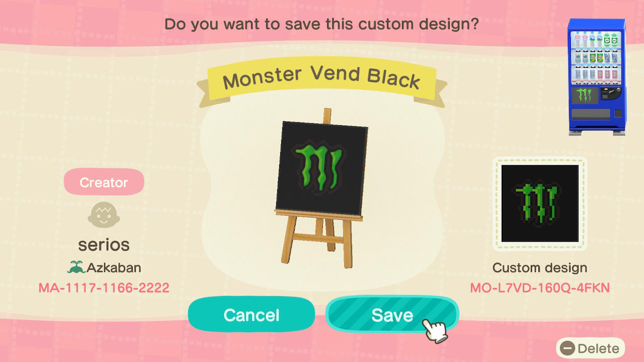 Animal Crossing Design Code: MO-L7VD-160Q-4FKN Monster Drink Black