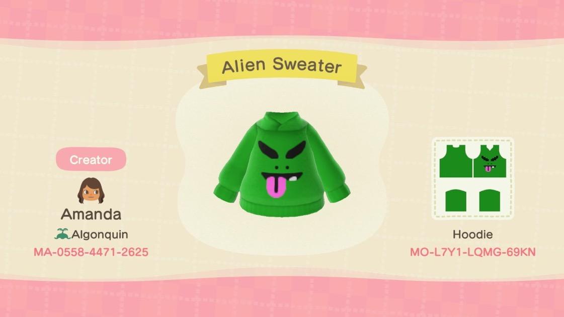 Animal Crossing Design Code: MO-L7Y1-LQMG-69KN Alien Sweater