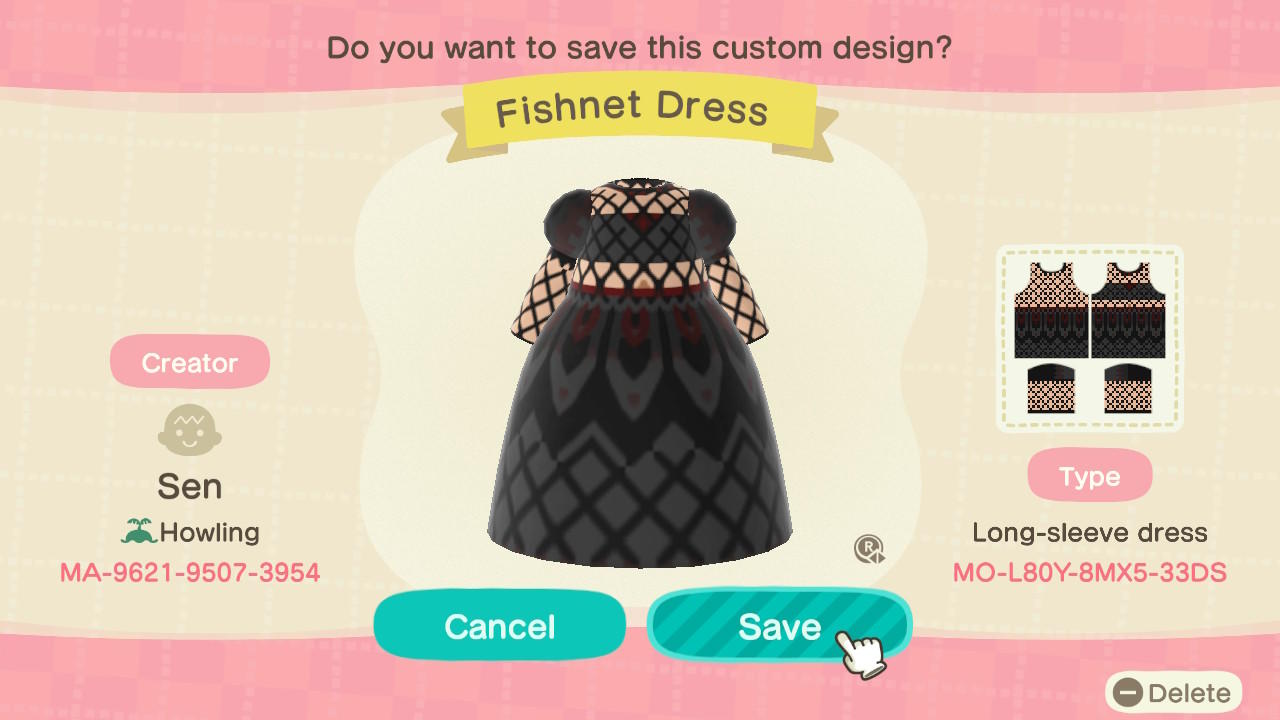 Animal Crossing Design Code: MO-L80Y-8MX5-33DS Fishnet Dress