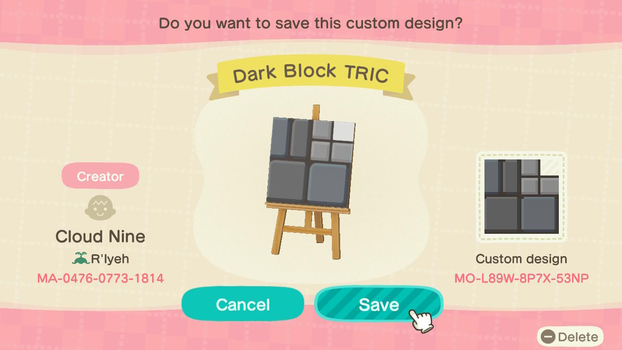 Animal Crossing Design Code: MO-L89W-8P7X-53NP Dark Block TRIC