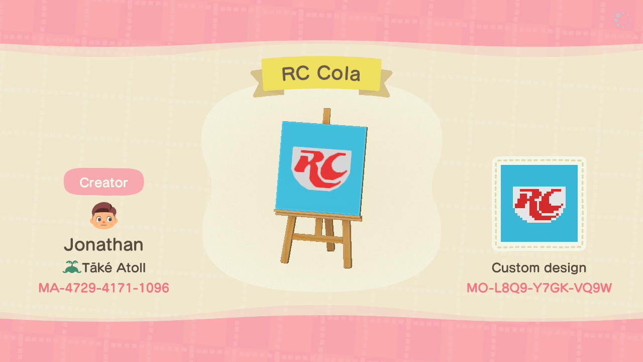 Animal Crossing Design Code: MO-L8Q9-Y7GK-VQ9W RC Cola Logo